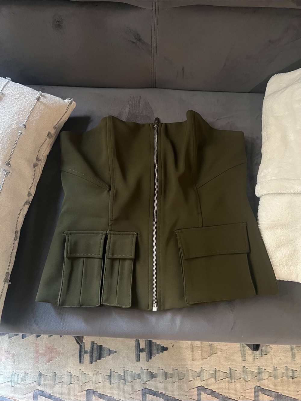 Zara Olive Green Corset-Style Zip Front Top
